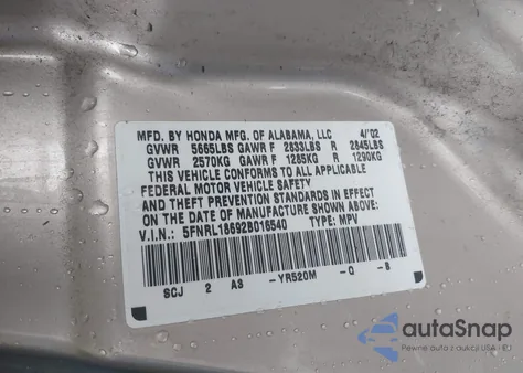 2002 Honda Odyssey Ex z USA, uszkodzony, nr VIN 5FNRL18692B016540